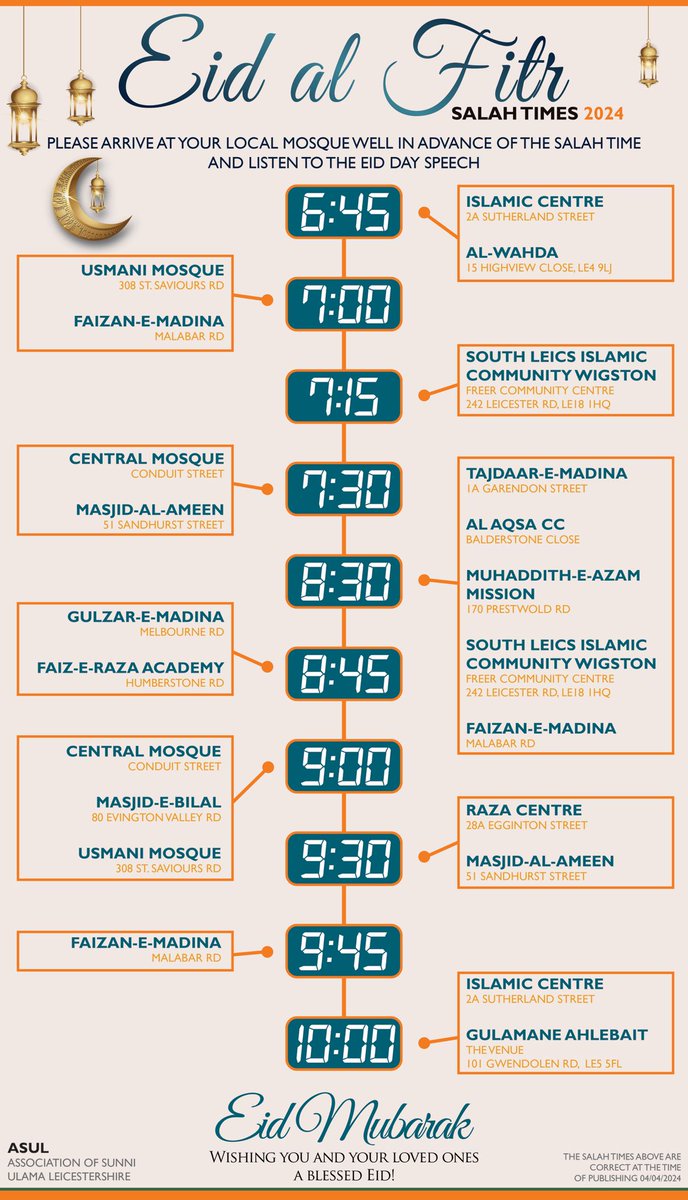 #EidUlFitr  (1445 / 2024) Salaah times for #Leicester. #EidMubarak to all.