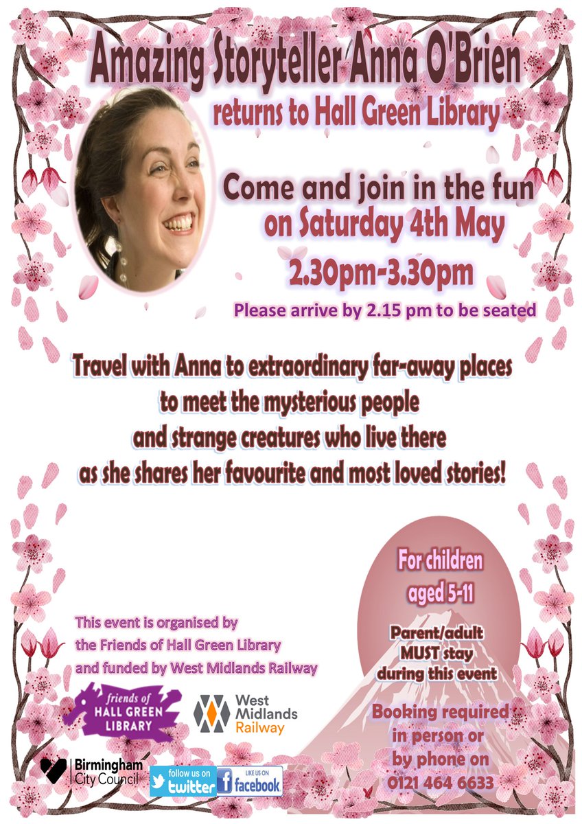 Be enchanted with stories📚 from far away lands and magical creatures at our free event with the fabulous Anna O'Brien🤩who returns to Hall Green Library on 4th May 2.30-3.30pm. Booking required 👍 Supported by our Friends of Hall Green Library and funded by West Midlands Railway