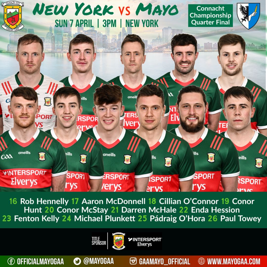 Kevin McStay and his management team have named their Mayo Senior Football team for Sunday's Connacht GAA Quarter final Championship game against New York. 📖 Read all team news here ⬇️⬇️⬇️ mayogaa.com/2024/04/05/may…