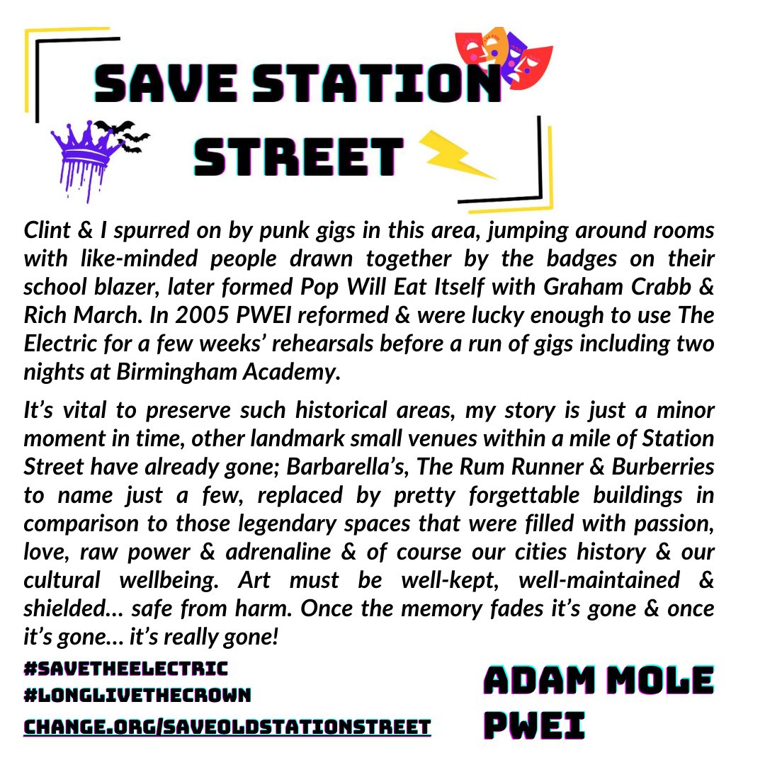 @pweiofficial have thrilled for 35 yrs with their mix of punk, sampling & rock. Adam Mole of PWEI has beautifully articulated the influence of Station Street & why it's been so important culturally to Brum's young artists for decades #SaveStationStreet
change.org/saveoldstation…