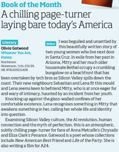 My July fiction preview is in today's @thebookseller, featuring my book of the month, Whoever You Are, Honey by Olivia Gatwood @HutchHeinemann.