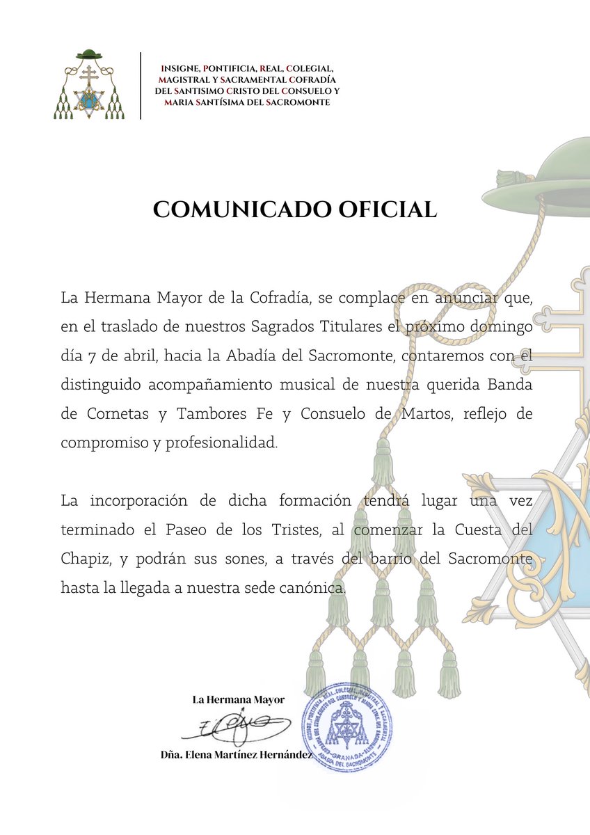 #Oficial | Informamos de que, en el traslado de nuestros Sagrados Titulares, que el próximo domingo día 7 de abril tendrá lugar, contaremos con el acompañamiento musical de nuestra querida banda <a href="/FeyConsuelo/">Fe y Consuelo Martos</a>
