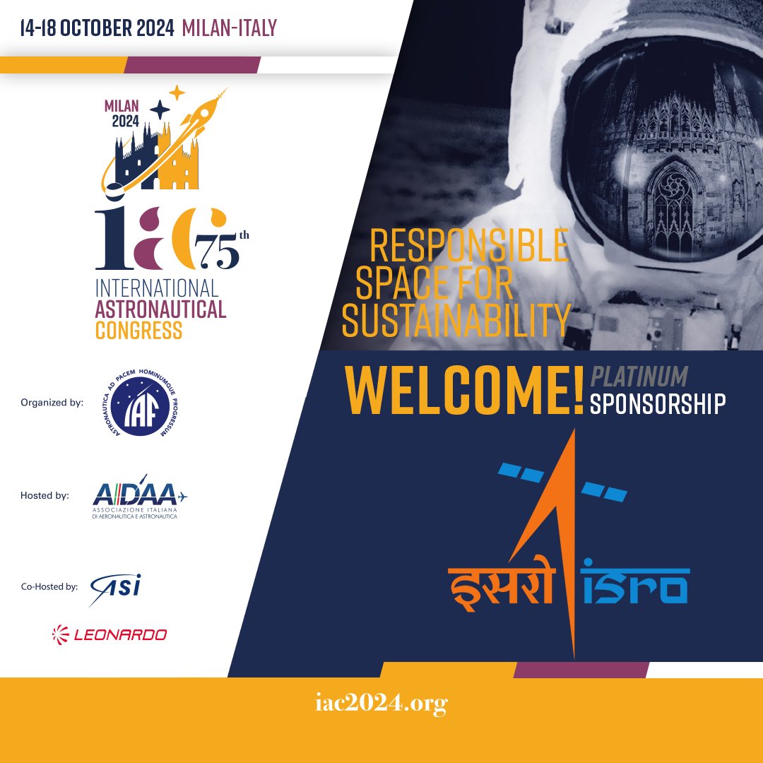 Great news! We are thrilled to announce that the Indian Space Research Organisation (ISRO) has come on board as a Platinum Sponsor for the upcoming #IAC2024. #PlatinumSponsor @isro