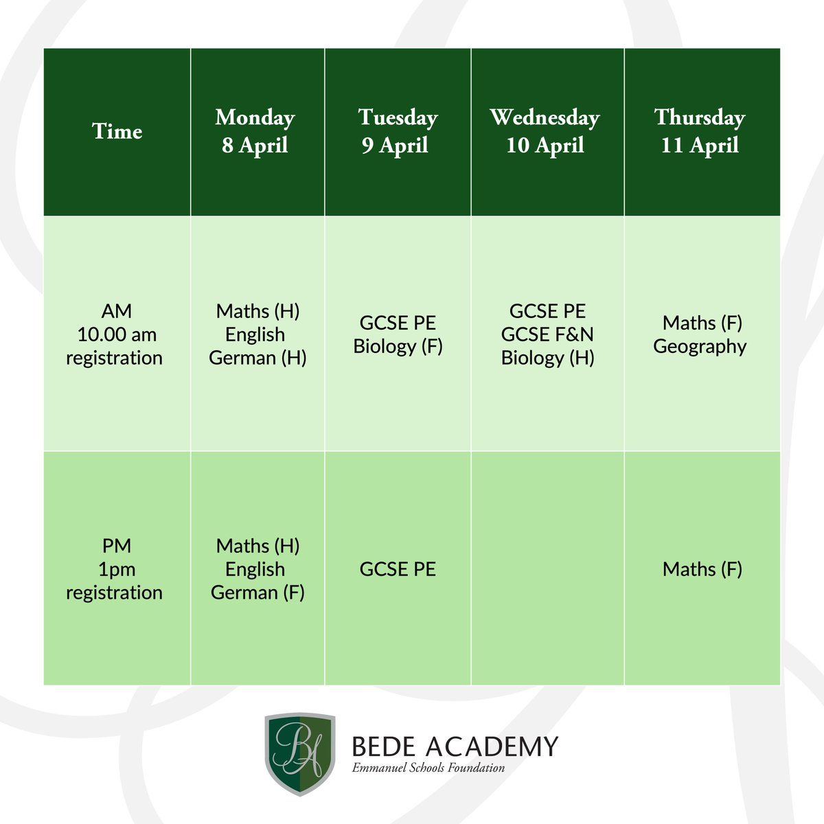 Well done to everyone who attended Easter School this week, we look forward to seeing Year 11 again next week. Please see the image for next week's timetable. Click the link below to sign up: forms.office.com/e/KKsYBf256s #ESFmat #BedeAcademy #Valued #Challenged #Inspired