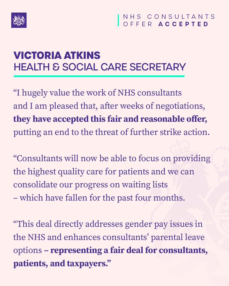 I am pleased that after weeks of negotiations, NHS consultants have accepted our fair and reasonable offer. My statement on why this is good news for consultants, patients and taxpayers. 👇