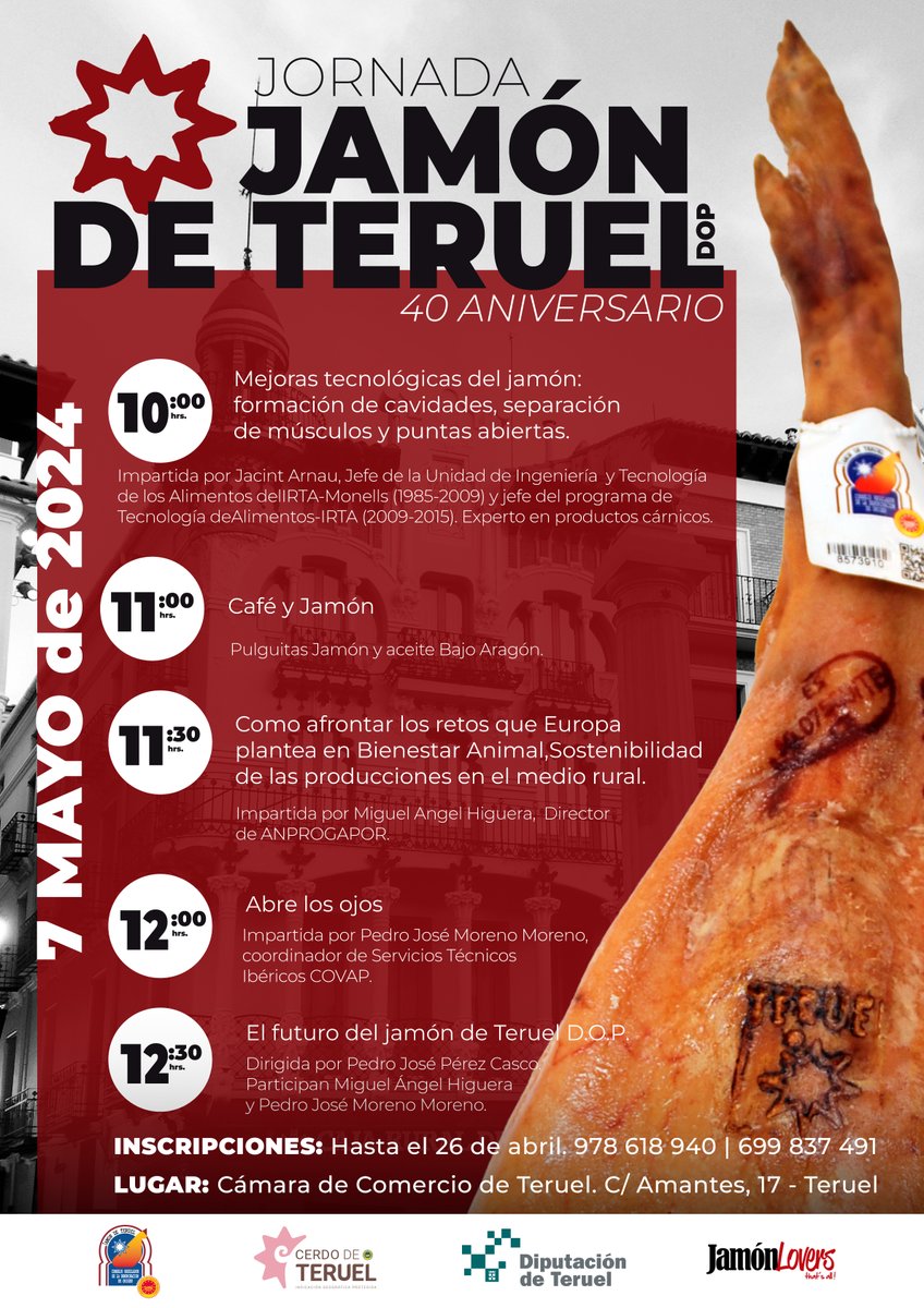 Mejoras tecnológicas en el jamón, bienestar animal, sostenibilidad... el 7 de Mayo reuniremos a Jacint Arnau, Miguel Angel Higuera y <a href="/PMorenoM1/">Pedro Jose Moreno 🇪🇦</a>, los especialistas más punteros en estas temáticas.
Jornada Técnica <a href="/JamondeTeruelDO/">Jamón de Teruel D.O.P. - Cerdo de Teruel I.G.P.</a> 40 Aniversario 🥳
bit.ly/3U5Y4II