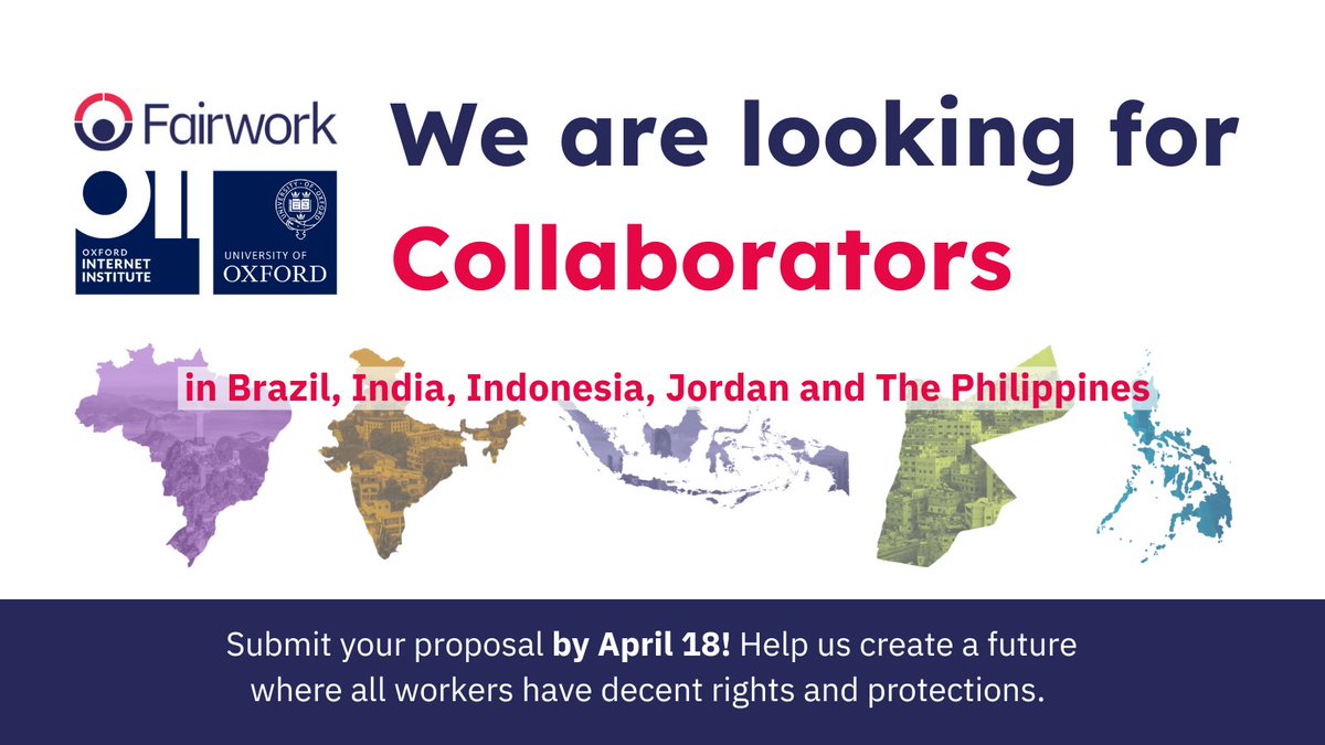 📢Call for Collaborators! We're looking for partners in Brazil, India, Indonesia, Jordan, and The Philippines to support research and policy engagement toward fair work in the platform economy. Apply by April 18! Learn more👉 fair.work/en/fw/blog/cal…