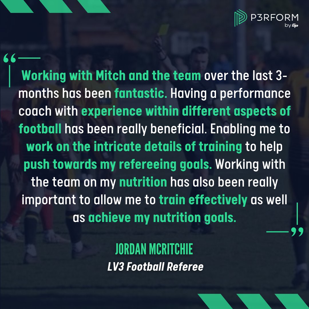 We're thrilled to be supporting Level 3 Football Referee, Jordan McRitchie, on his elite performance journey, alongside a number of other @FA_PGMOL officials across the pathway !🏃 🔗Book a free consultation call to begin your performance journey !👇 p3rform.co.uk/book-consultat…