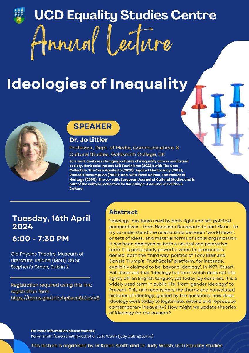 The Annual @UCDEqualStudies Centre lecture takes place on the 16th of April from 6-7.30 pm at @MoLI_Museum. We are delighted to welcome Dr. Jo Littler, Professor @MediaComGold who will speak about 'Ideologies of Inequality'. @littler_jo Registration: docs.google.com/forms/d/e/1FAI…