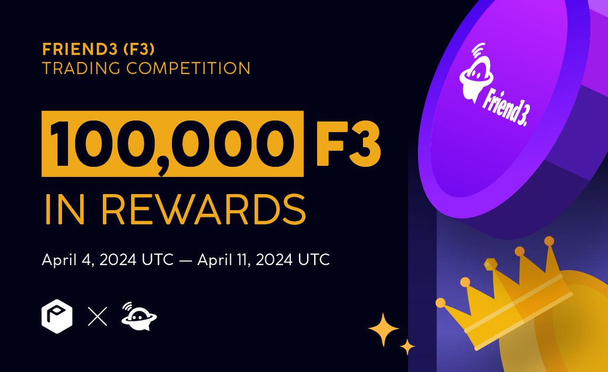 💜 Win a share of 100,000 @Friend3AI ($F3) on @ProBit_Exchange! 🏆 Prizes: 🥇 1st place: 6,200 F3 🥈 2nd place: 6,075 F3 🥉 3rd place: 5,950 F3 4️⃣ 4th place: 5,825 F3 5️⃣ 5th place: 5,700 F3 👉 Full details: probit.com/hc/10000007712… #ProBitGlobal #TradingCompetition #Defi