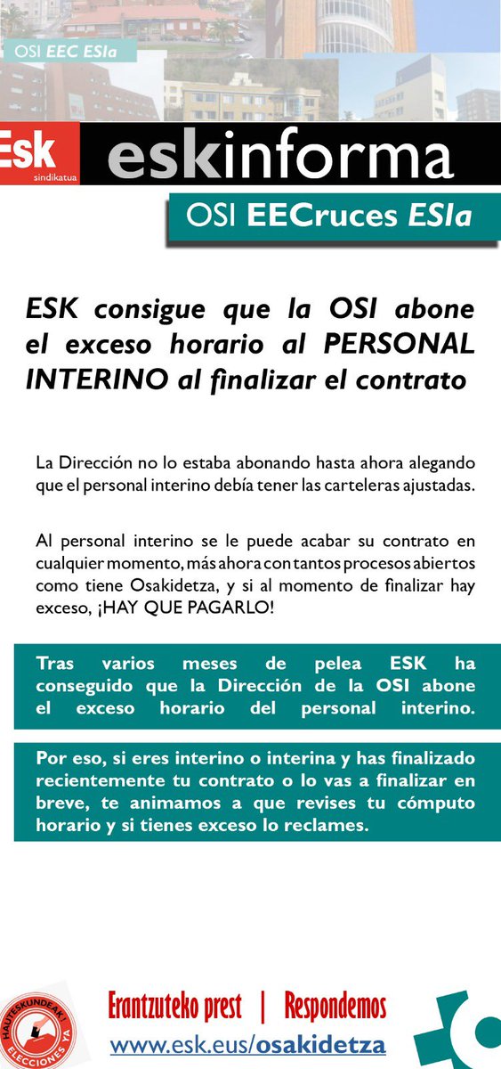 ESK consigue que la OSI Ezkerraldea-Enkarterri-Cruces abone el exceso horario al PERSONAL INTERINO al finalizar el contrato.