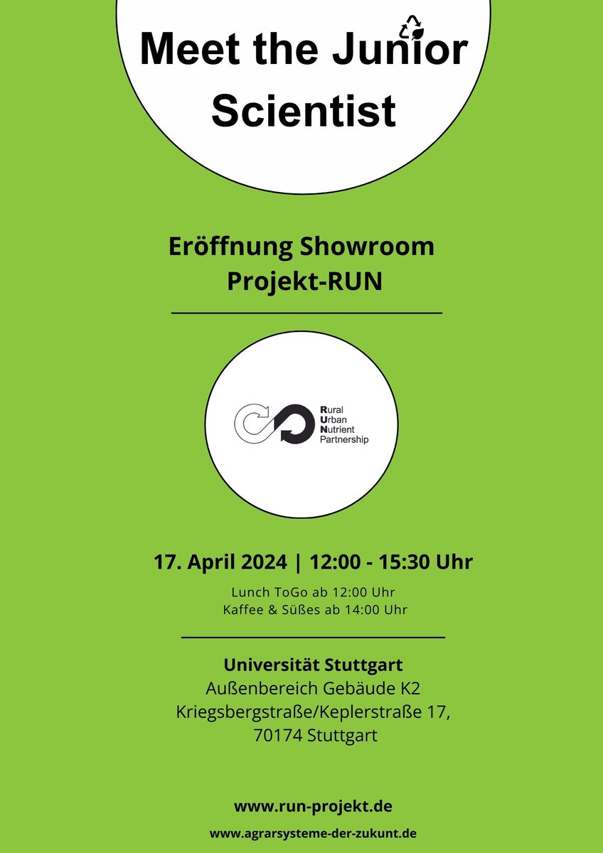 projekt_run's tweet image. Liebe Studierende, Promovierende und Entscheidungsträger:innen der Zukunft,
wir laden alle Interessierten herzlich zur Eröffnung des RUN-Showrooms mit einem „Meet the Junior Scientist“-Lunch in Stuttgart ein
@agrarsysteme @UniHohenheim @Uni_Stuttgart