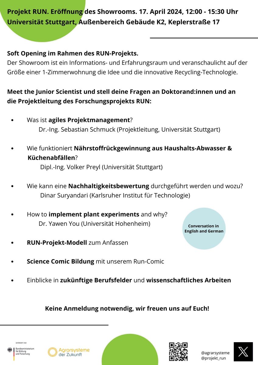 projekt_run's tweet image. Liebe Studierende, Promovierende und Entscheidungsträger:innen der Zukunft,
wir laden alle Interessierten herzlich zur Eröffnung des RUN-Showrooms mit einem „Meet the Junior Scientist“-Lunch in Stuttgart ein
@agrarsysteme @UniHohenheim @Uni_Stuttgart