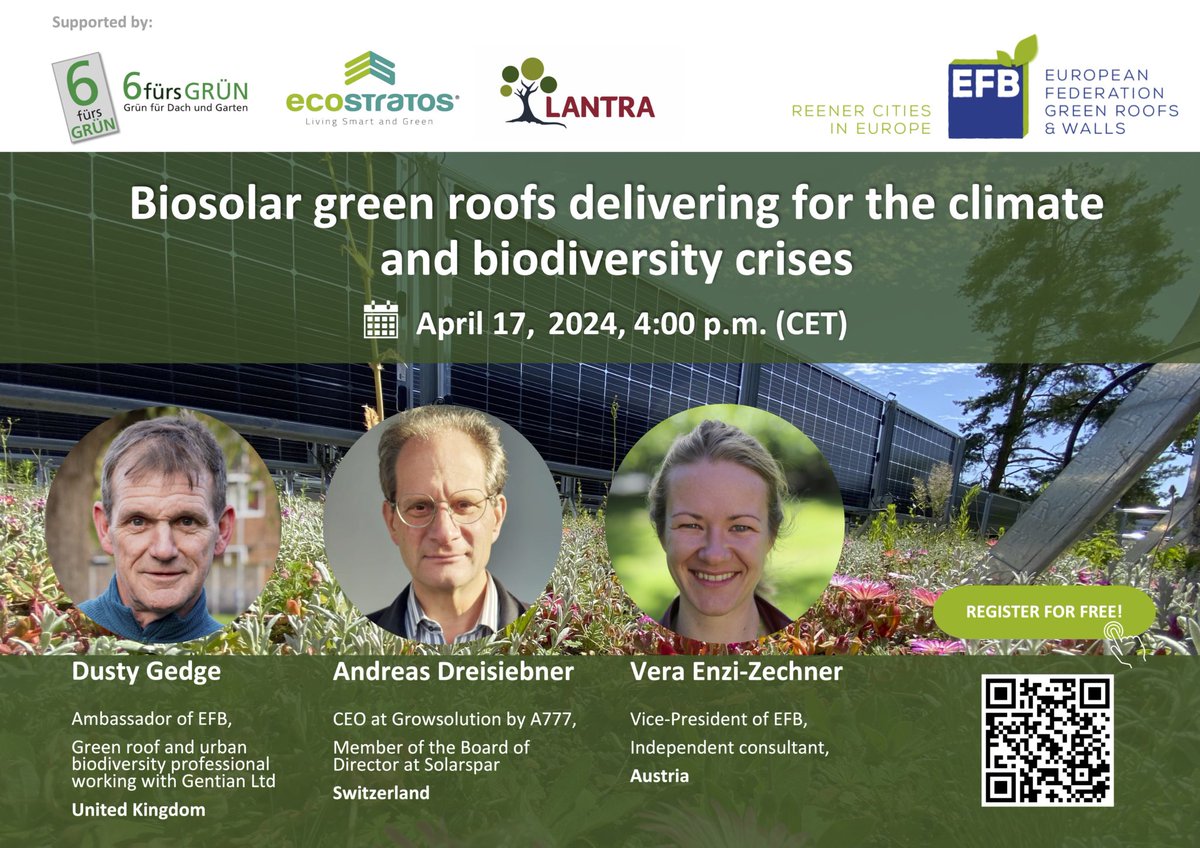 🗓️ The webinar by @EFBgreen : “Biosolar green roofs delivering for the climate and biodiversity crises”, takes place on 17 April 2024 at 16:00 CET. ❗️ Register now! bit.ly/3J7uJXZ