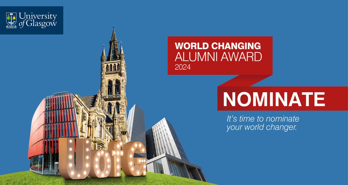 Nominations for the 2024 World Changing Alumni Award are OPEN! 🎉🏆 We're looking for UofG graduates to celebrate for this prestigious University honour. Are you, or someone you know, making waves in your field? ⬇️ Submit by April 29: bit.ly/3ZqjKyF @UofG_Alumni