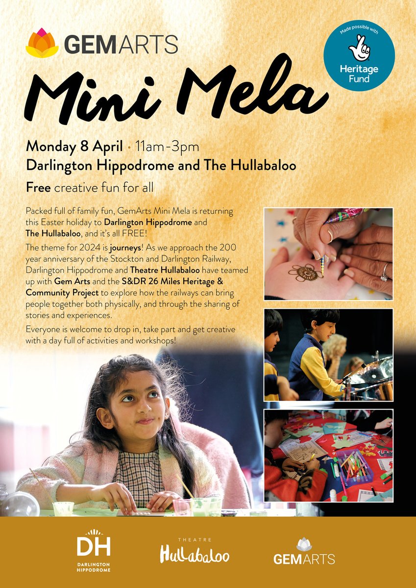 📣 @GemArtsuk Mini Mela returns on Monday! 💚 A totally FREE fun family event filled with creative workshops inspired by the theme of 'Journeys' and cultures from all around the world. No booking required - just turn up! 🎉 11am - 3pm 🎉 ℹ darlingtonhippodrome.co.uk/whats-on/GemAr…