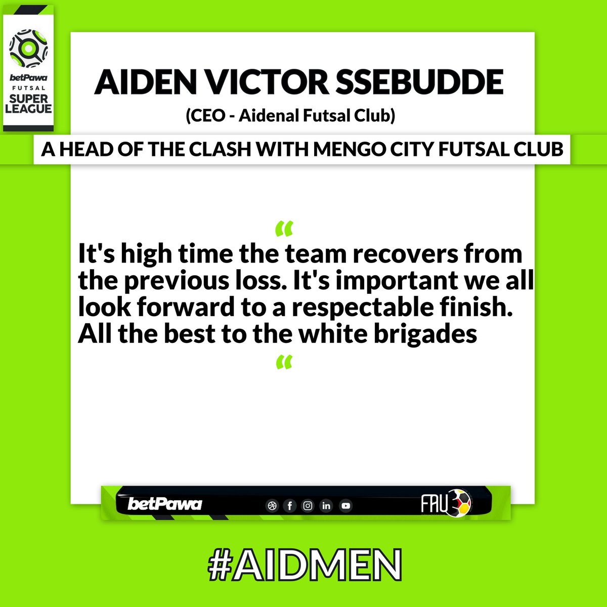 aidenalug's tweet photo. π from our CEO a head of #AIDMEN tonight.
#AidenalFutsalClub #TheWhiteBrigade #Respect #EmbracingTheFutsalTrend
@betPawaFSL. https://t.co/tk02d6YFld