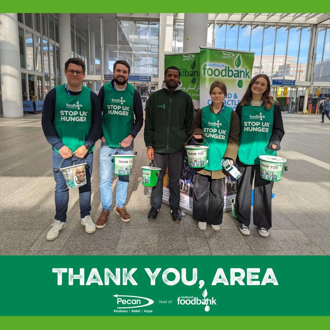 Massive thanks to @areaworkplaces for sending volunteers Jonny, Mia, and Ben to help with cash donations at our London Bridge Station collection! Your generosity fuels our mission to fight hunger. 🙏 #SouthwarkFoodbank #Pecan35 #CommunitySupport #VolunteerHeroes