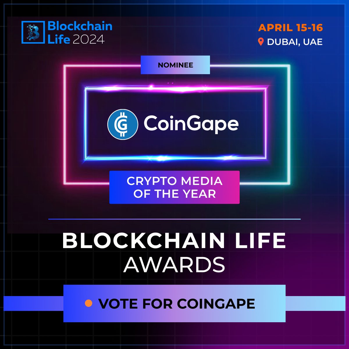 Hey everyone! 🌟 We're excited to share some incredible news! 📢 We've been nominated for the prestigious 2024 @BlLife_Forum Awards in the 'Best #Crypto Media of the Year' category! 🏆✨ Please take a moment to support us by voting in the Blockchain Life Awards. Here's how: 1.