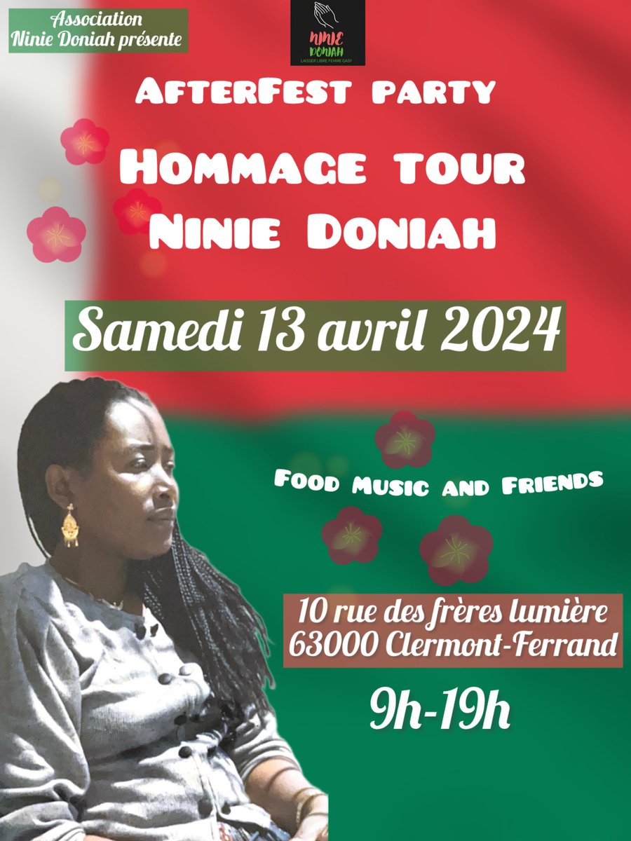 Rendez-vous le vendredi 12 avril pour la soirée hommage tour #NINIEDONIAH
ET..
La fête continue ! 🎉 
C’est le samedi 13 avril de 9-19h pour la suite ! 

Food drink music and friends 🍗🥂🎶

Ça se passe au Rimshot ! 
10 rue des frères lumière CLERMONT FERRAND pour L’AFTER FEST !