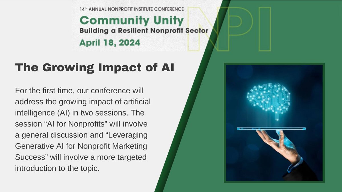 For the first time, our conference will address the growing impact of artificial intelligence (AI) in two sessions: "AI for Nonprofits" and "Leveraging Generative AI for Nonprofit Marketing Success." Registration is open: bit.ly/NPI-conference…