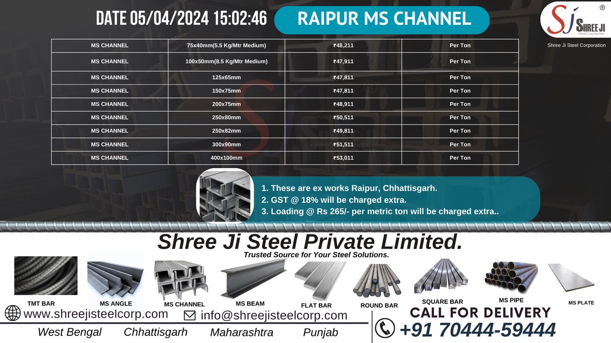 shreejisteel1's tweet photo. MS CHANNEL75x40mm(5.5 Kg/Mtr Medium)₹48,211Per Ton
MS CHANNEL100x50mm(8.5 Kg/Mtr Medium)₹47,911Per Ton
MS CHANNEL125x65mm₹47,811Per Ton
MS CHANNEL150x75mm₹47,811Per Ton
MS CHANNEL200x75mm₹48,911Per Ton
#shreejisteel #mschannel https://t.co/6M8aC3i1So