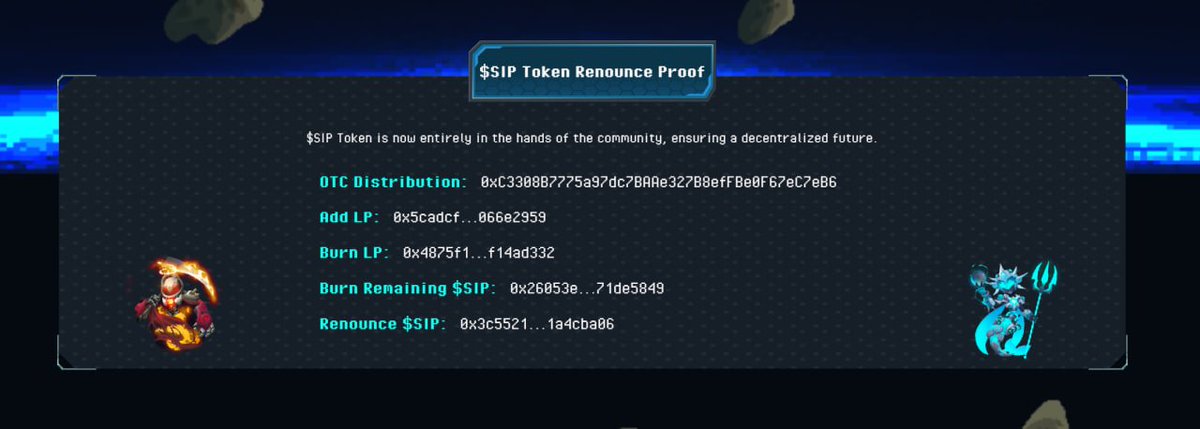 $SIP Token Renounce Proof ⚡ 🤩 You can view all Proof TXH on our website to ensure transparency in $SIP's activities. If you have any questions, please let us know #SpaceSIP $SIP #SIPnation #GameFi #SpaceSIPisback #Meme