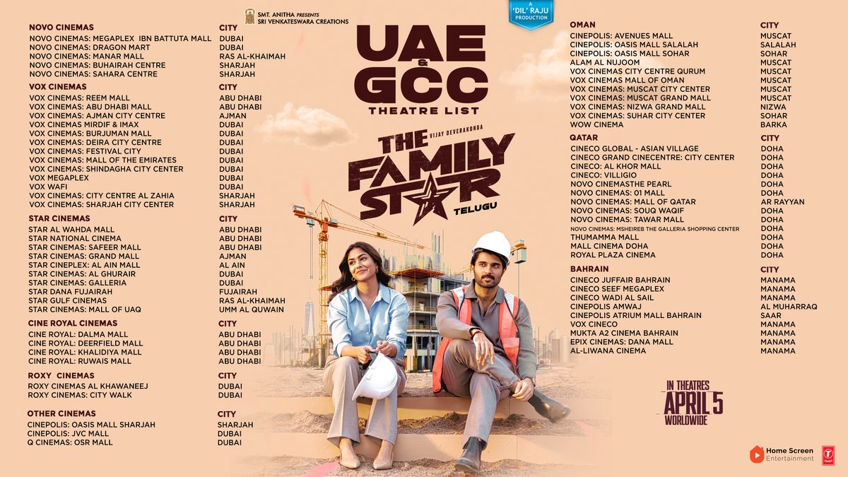 #FamilyStar (Telugu) theatre lists for Saudi Arabia, Singapore, Sri Lanka & Gulf are here! #FamilyStar from the makers of #GeethaGovindham now in theatres! #FamilyStarOnApril5th @TheDeverakonda @Mrunal0801 @ParasuramPetla #KUMohanan @GopiSundarOffl @SVC_official @TSeries