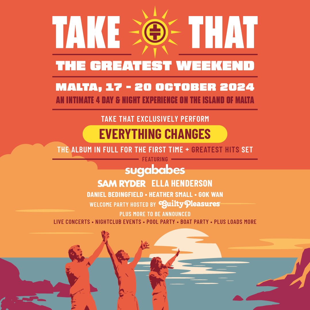 MALTA!! 🇲🇹 Party with us this October with Take That and MORE!! 🪩 Grab your tickets here for the weekend of the year! >> thegreatestweekend.co.uk