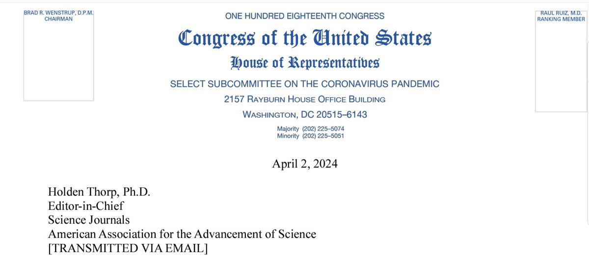 Regarding the U.S. Congress's call for scientific journals, it is better to read it rather than to be manipulated by the noise that anti-science is making on social networks and in the media: oversight.house.gov/wp-content/upl…