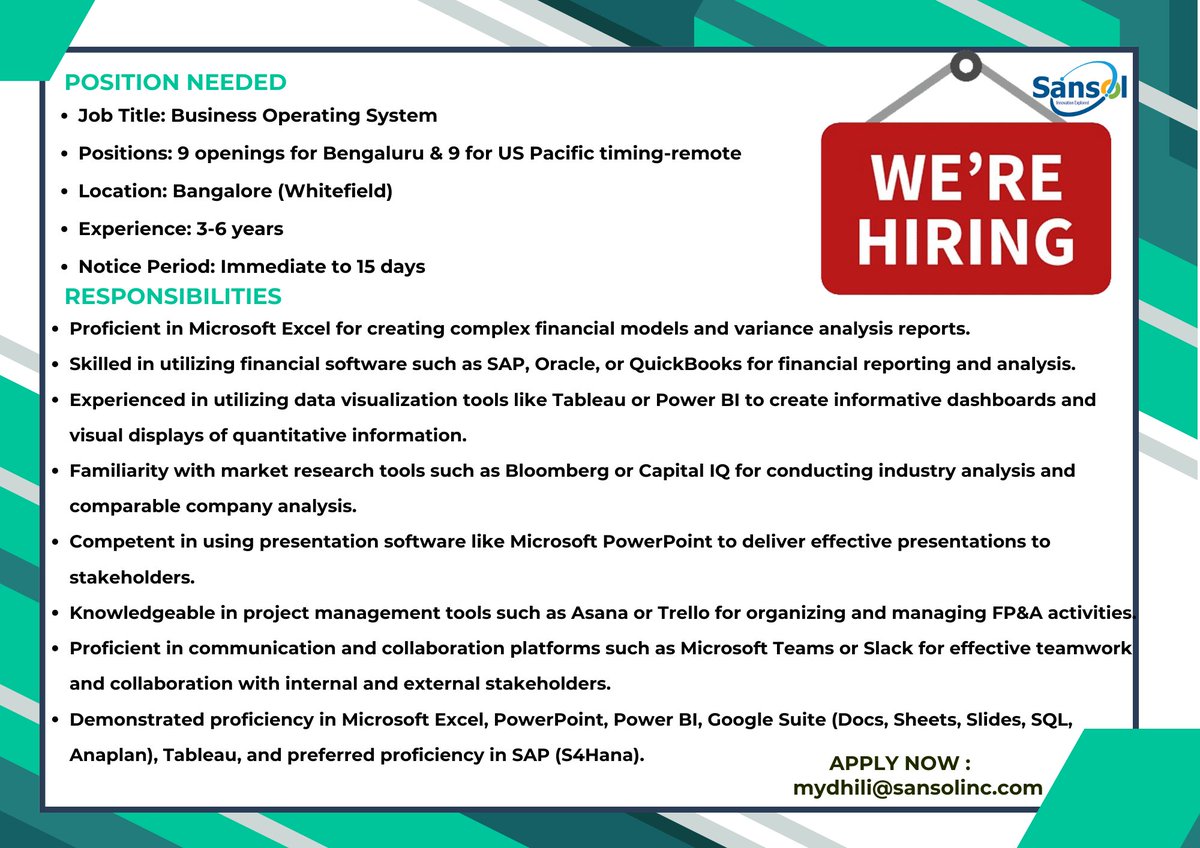sansolinc's tweet photo. Finance expert proficient in Excel, SAP, Oracle &amp; Power BI. Skilled in Tableau, PowerPoint, Asana, Trello &amp; collaboration platforms. #Finance #DataAnalysis #ProjectManagement #sansolinc @srinivasattili @mydhili1988 https://t.co/k7G6SC71Oa