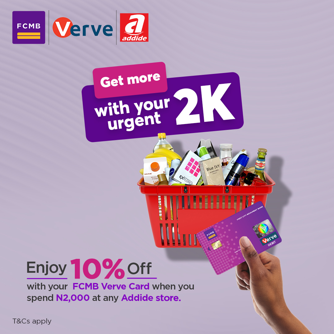 Urgent 2k equals 10% discount? We are here for it! Visit any Addide store with your FCMB Verve card, spend 2000 naira or more and enjoy a whopping 10% off your purchase. Grab your FCMB Verve Card and start shopping!