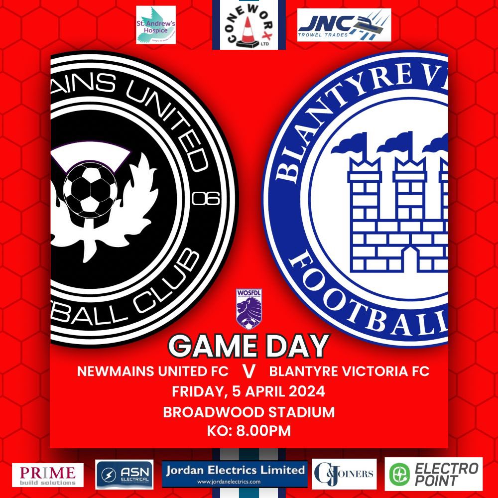 U20s League action tonight 
Newmains Utd v Blantyre Vics
Both teams on a decent run so should be a cracker
Come along to broadwood to see the action 
Big thanks to sponsors CONEWORX and JNC TROWEL TRADES for support this season