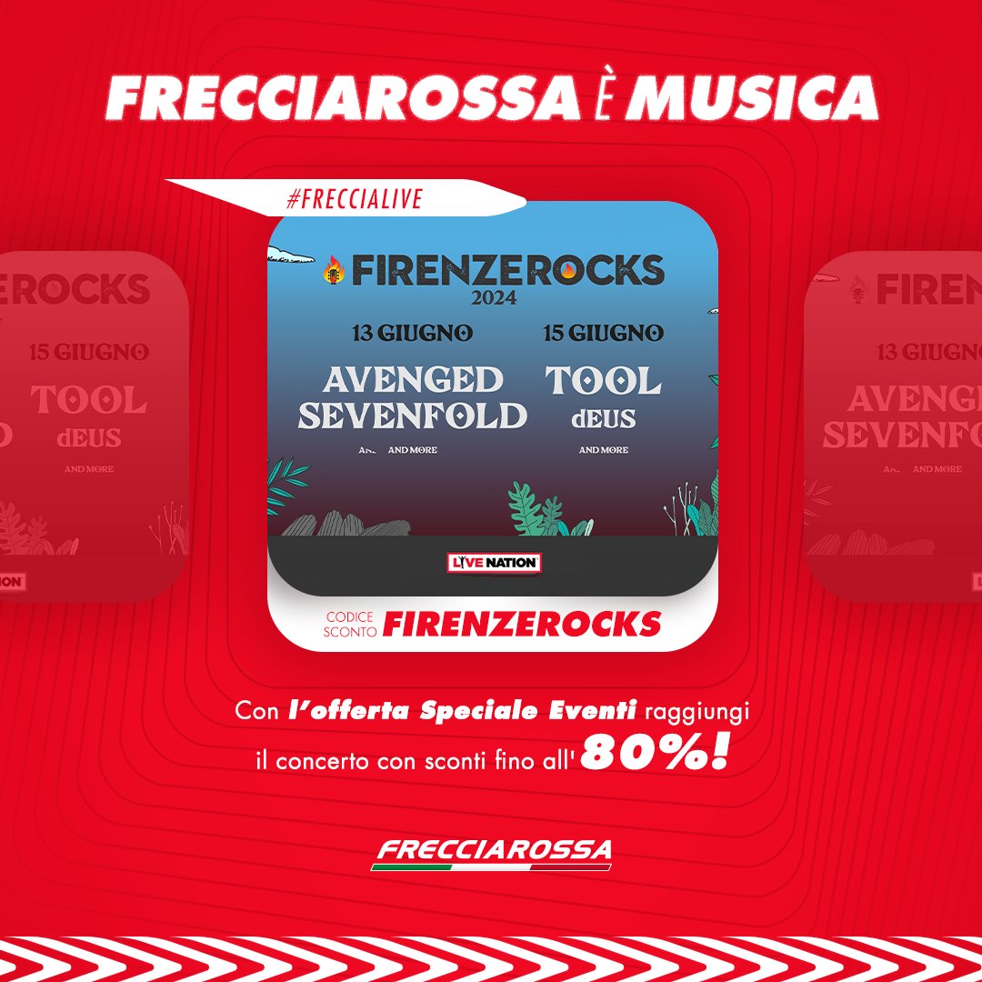 Frecciarossa_IT's tweet photo. #AvengedSevenfold, #Tool e tanti altri imperdibili artisti ti aspettano a @FirenzeRocks! Raggiungili con sconti fino all’80%: usa il codice FIRENZEROCKS dell’offerta #SpecialeEventi. 🚄👉 https://t.co/Ay1r54lTl7 @LiveNationIT #FrecciaLive https://t.co/PVAZwO3PKN
