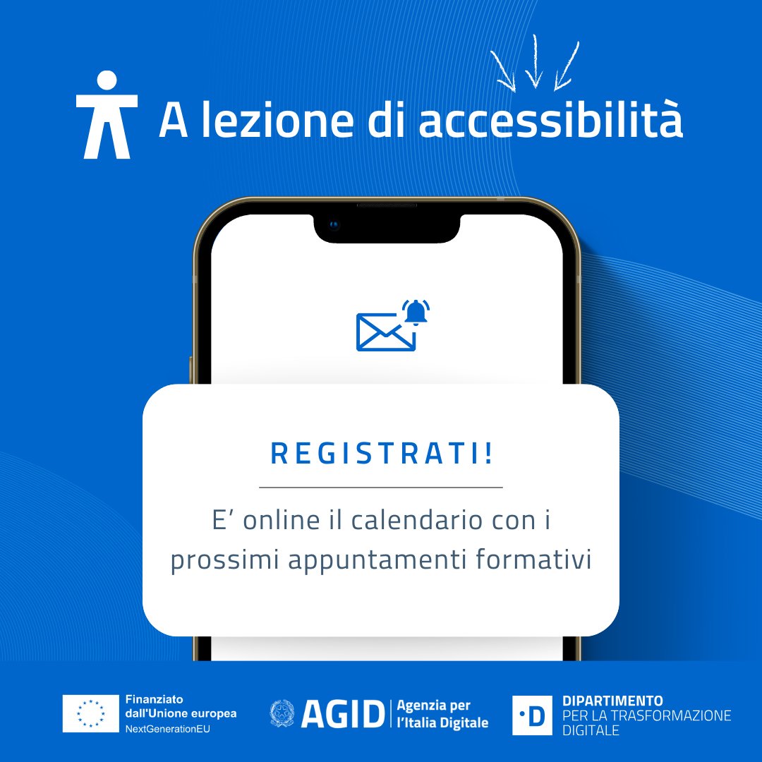 Proseguono le iniziative di formazione sull’#accessibilità dei servizi digitali!💡 📅Consulta il calendario 2024 e iscriviti cliccando a questo link👉agid.gov.it/it/design-serv… Invita i tuoi amici e colleghi a scoprire o approfondire il mondo dell’#accessibilitàdigitale.