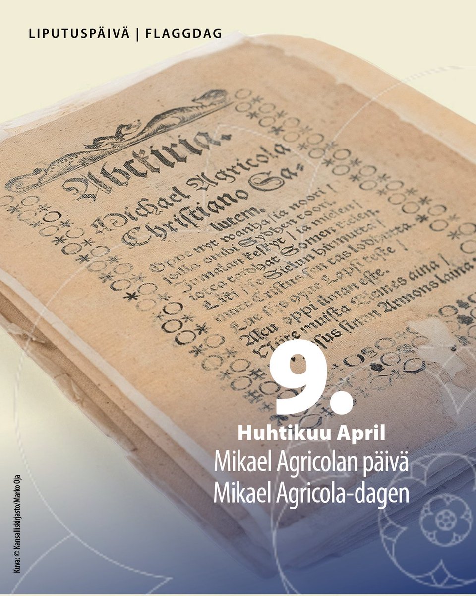 Tänään liputamme Mikael Agricolan ja suomen kielen päivän kunniaksi! 🇫🇮 Mikael Agricola (n. 1510–1557) muistetaan suomen kirjakielen isänä, Uuden testamentin suomentajana ja reformaattorina. I dag flaggar vi för Mikael Agricola-dagen och finska språkets dag. 🇫🇮