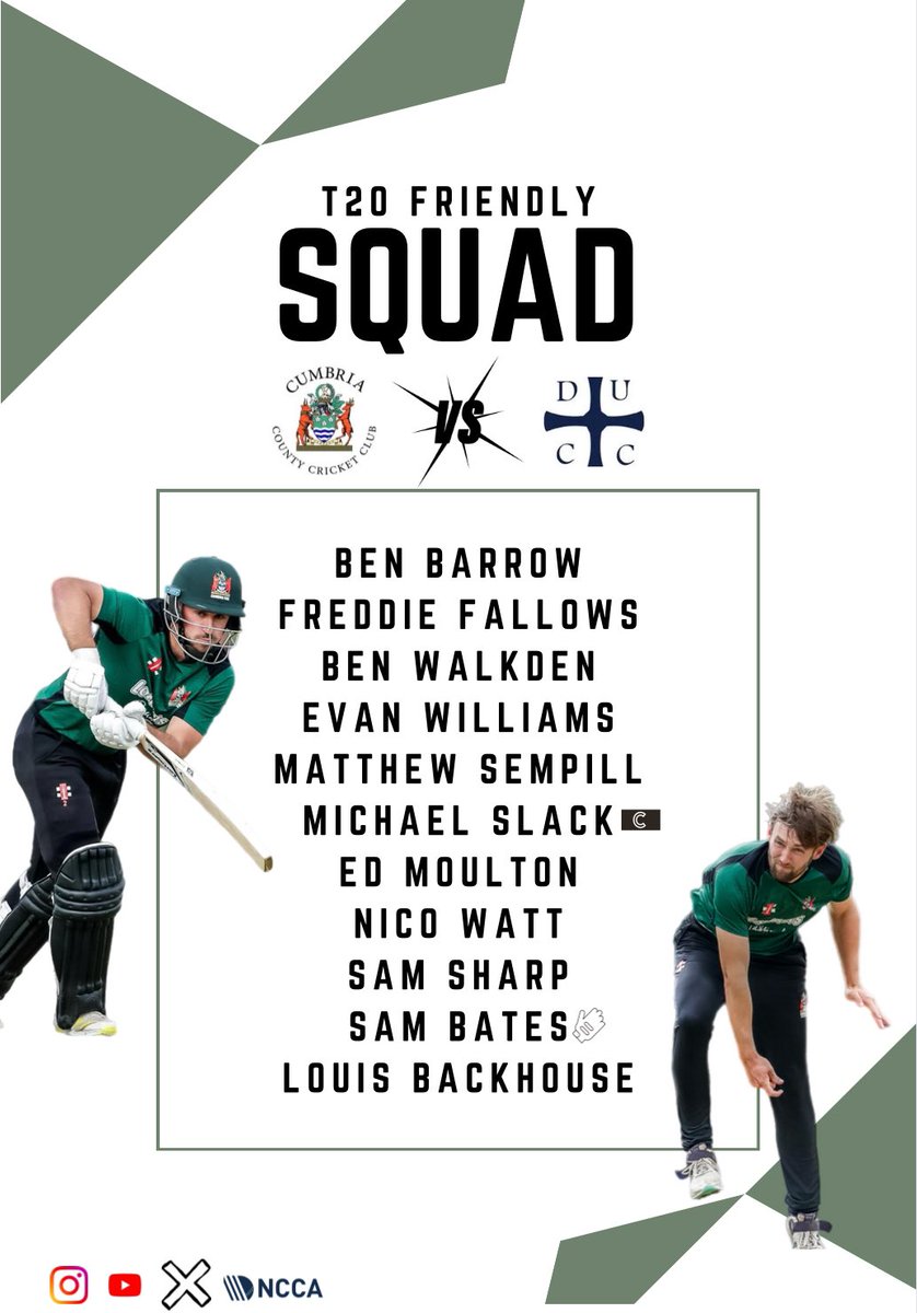 Our first squad release of 2024! 🏏- 2x T20s 🆚 DCCU 🏟️- Racecourse Ground 🕰️- 11am & 2:30pm First appearances for - 𝐁𝐞𝐧 𝐁𝐚𝐫𝐫𝐨𝐰 @NetherfieldCC 𝐒𝐚𝐦 𝐁𝐚𝐭𝐞𝐬+ @WorkingtonCC 𝐋𝐨𝐮𝐢𝐬 𝐁𝐚𝐜𝐤𝐡𝐨𝐮𝐬𝐞 @kendalcricket (1/2)