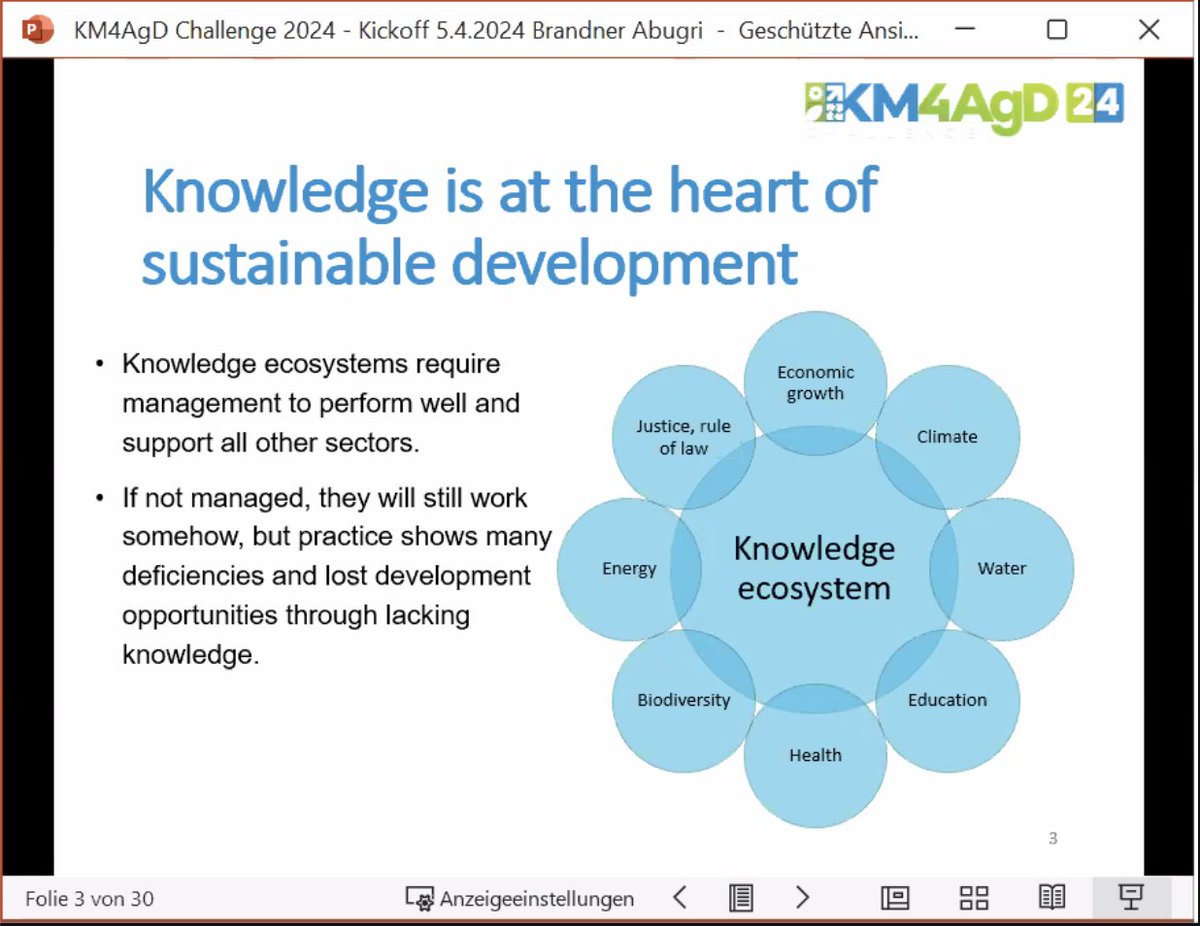The #Knowledge ecosystem requires management to perform well. Words of wisdom from Pr. @AndreasBrandner during his presentation at the ongoing KM4AgDChallenge 2024 Kick-off meeting.
Register and join the conversation bit.ly/KM4AgDKickoffm…
#KM4AgD @paulatsu2323 @ElizabethAsiimw