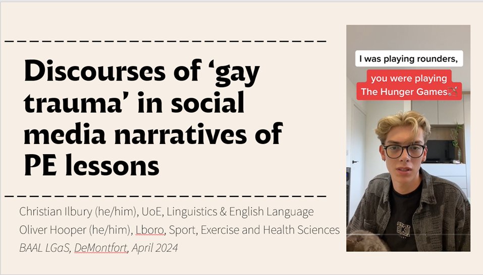 Shortly presenting with @DrORHooper at @LGaS_baal. We analyse narratives of 'gay trauma in PE lessons' in a corpus of TikTok videos.