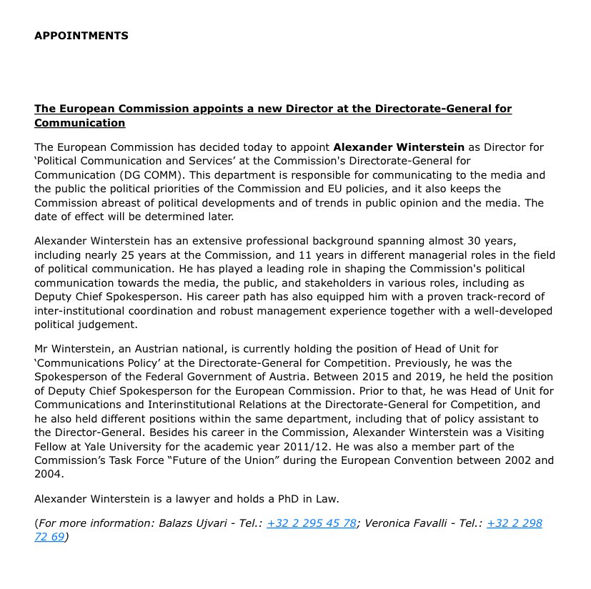 The spokesperson of Ursula von der Leyen as EPP Spitzenkandidat, Alexander Winterstein, was appointed director at the European Commission one month ago. A timely promotion. A #WintersteinGate after the #PieperGate?