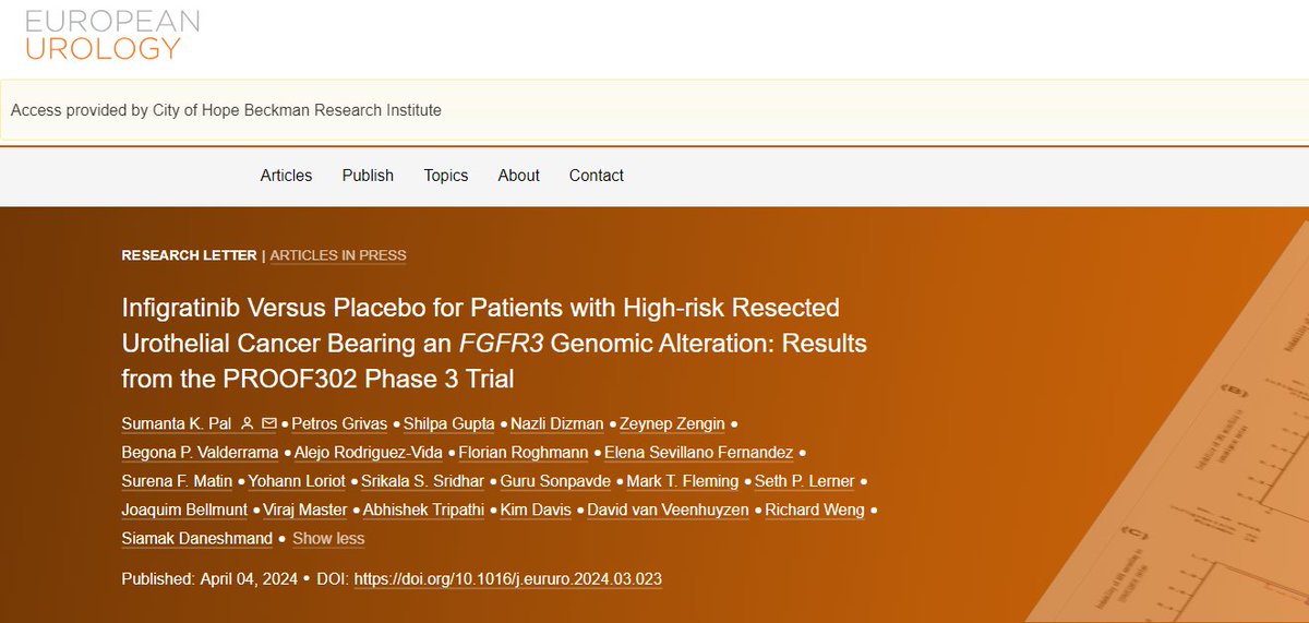 Coinciding with #EAU24 & hopefully timely given terrific data from @MattGalsky from #CheckMate274 & @tompowles1 from #IMvigor011 - our attempt at adjuvant tx w #FGFR3 inhibitor #infigratinib. Huge international effort w co-PI @siadaneshmand & terrific SC incl @shilpaonc…