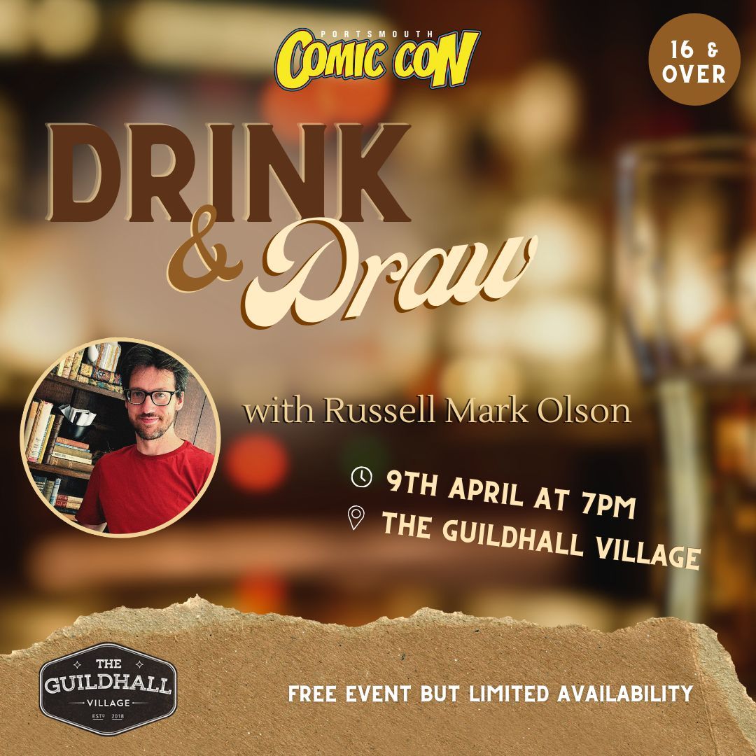 Drink & Draw evening coming up on April 9th at 7pm at the Guildhall Village! 🍻 Join us and the amazing artist Russell Mark Olson for an evening full of fun, comics, art and drinks. The event is free and 16+. We look forward to seeing you there!🍺 🧃 🍸
