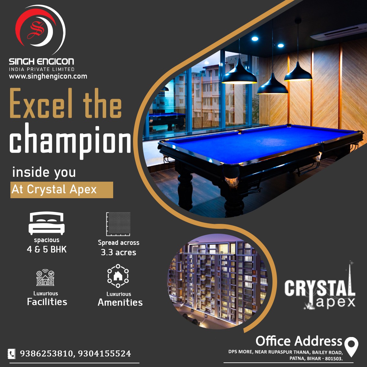 Unlock your inner champion at Crystal Apex, where every amenity fuels your success. #LuxuryLiving 

Call Us:- 9386253810, 9304155524
singhengicon.com

#crystalapex #LuxuryLifeStyle #Extraordinary #lifestyle #flat #Apartments #property #home #singhengicon  #Patna #Bihar