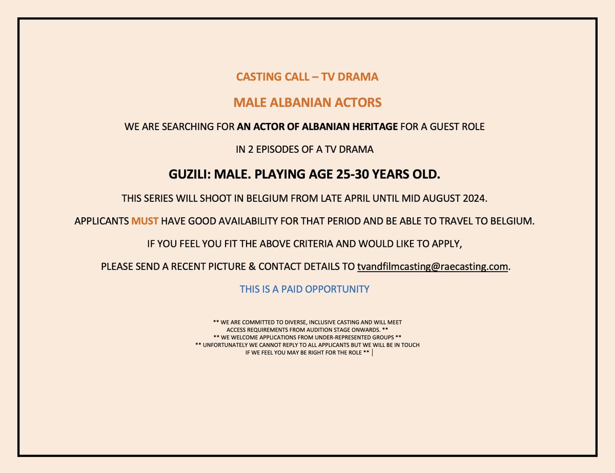 Hi All - lovely role here for an actor of Albanian heritage - please do share far and wide!