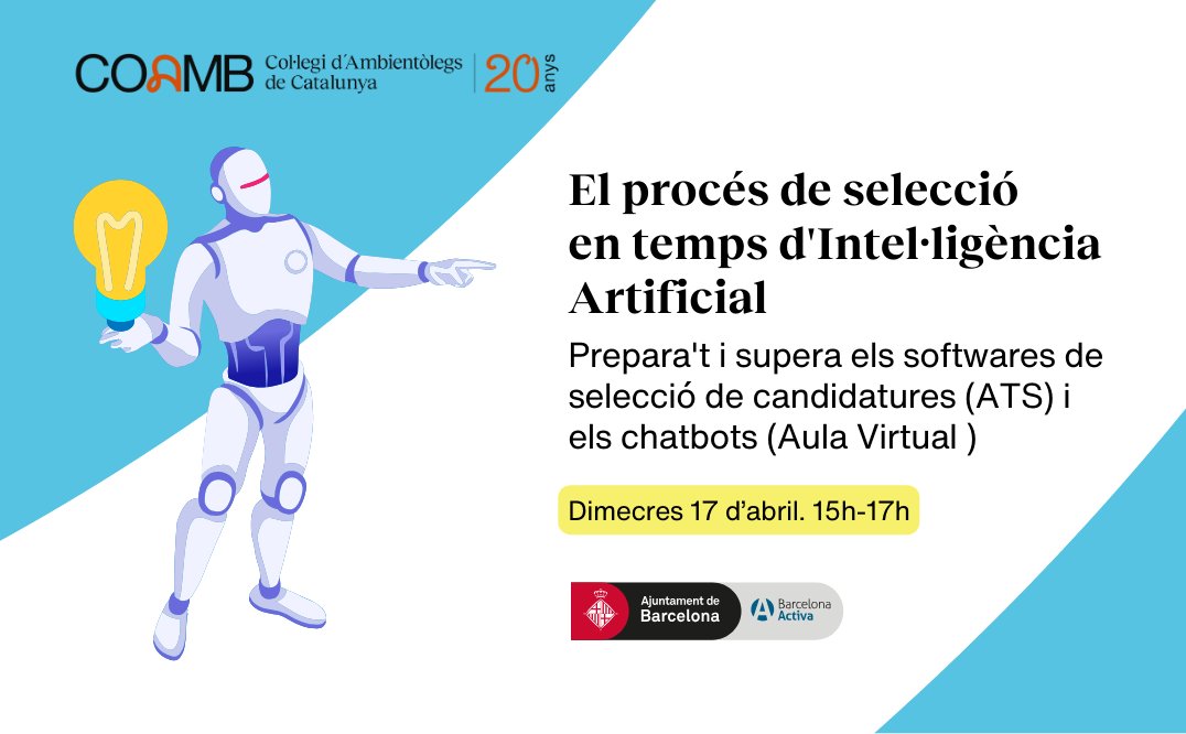 🪄Si estàs en procés de recerca de la 1a feina, vols canviar la que tens ara o vols aprendre com la tecnologia pot ajudar en els teus processos de contractació de personal, aquesta formació és perfecte per a tu! 👉🏻Inscriu-te amb el codi: COAMB treball.barcelonactiva.cat/porta22/cat/ac…