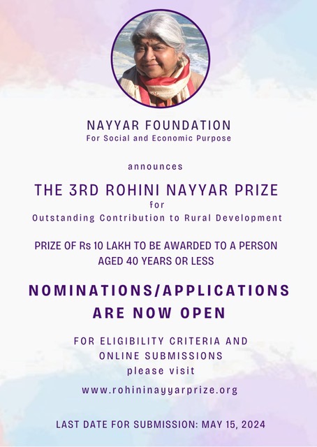 SEWA Bharat endorses the Rohini Nayyar Prize, a prestigious award recognizing individuals for their contributions to rural development. We invite you to consider applying for this award and sharing it with your networks. For eligibility criteria, visit rohininayyarprize.org.