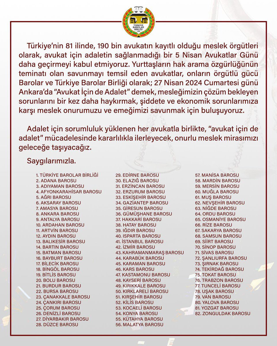 5 Nisan Avukatlar Gününe İlişkin TBB ve Barolardan Ortak Açıklama: AVUKAT İÇİN DE ADALET!