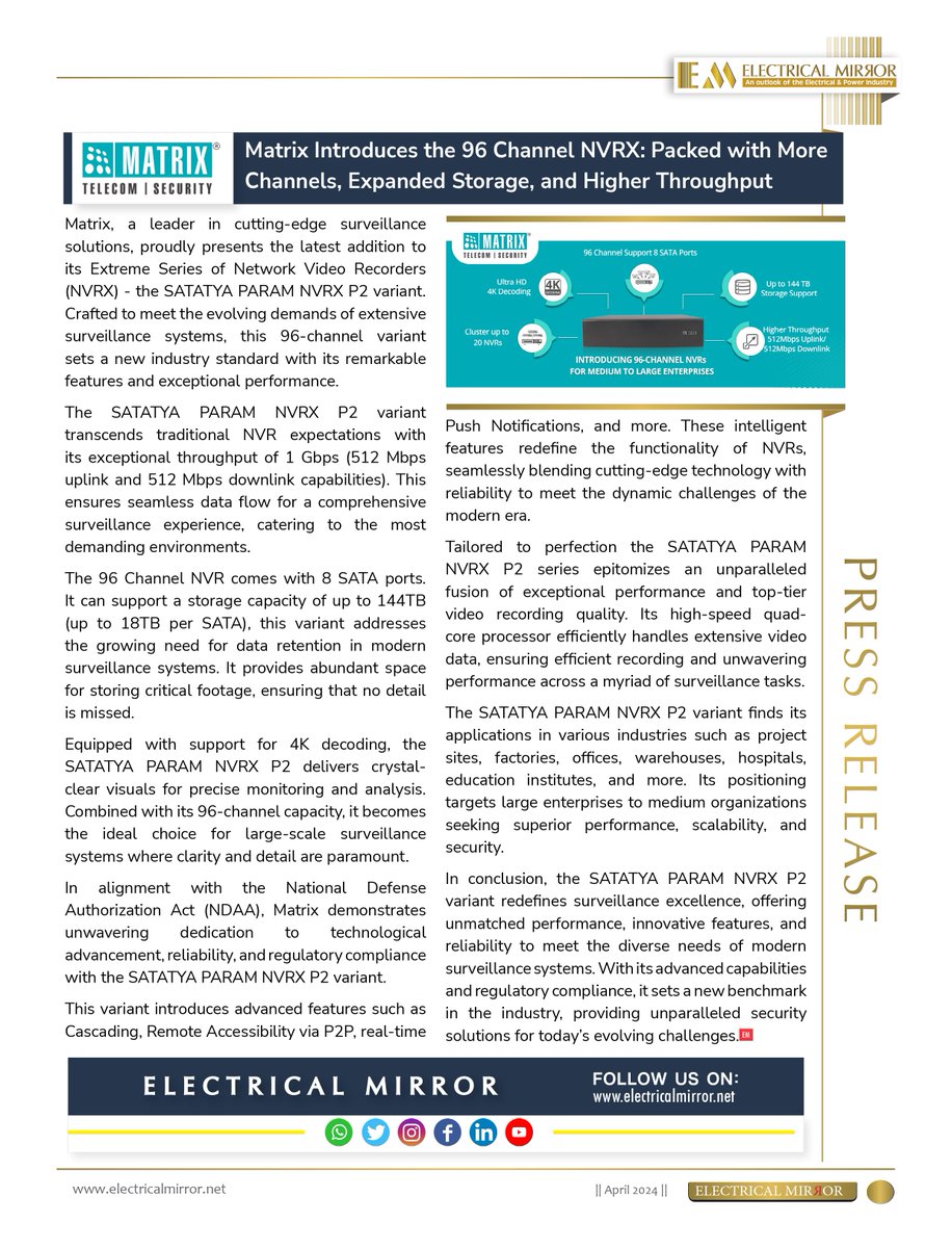 Electricalmirro's tweet photo. MATRIX INTRODUCES THE 96-CHANNEL NVRX: PACKED WITH MORE CHANNELS, EXPANDED STORAGE, AND HIGHER THROUGHPUT
Check out the link for more information:
https://t.co/BRJTlKbvnu
#pressrelease #electricalmirror #tresubmedia #matrixcomsec #storagesupport #cluster #expand #higherstorage https://t.co/MfMIq0W4YM