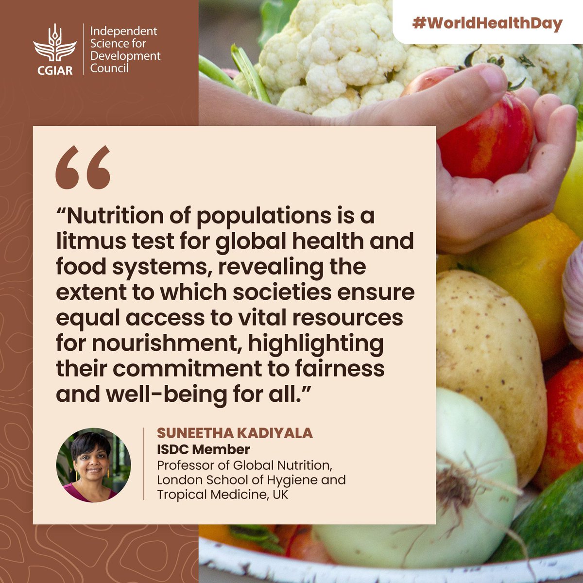 🥗 “#Nutrition of populations is a litmus test for #globalhealth and #foodsystems,” highlights Suneetha Kadiyala, @isdc_cgiar Member, in the lead-up to #WorldHealthDay this Sunday. ℹ️ bit.ly/3v1kMrm #HealthForAll #MyHealthMyRight #nutritionsecurity