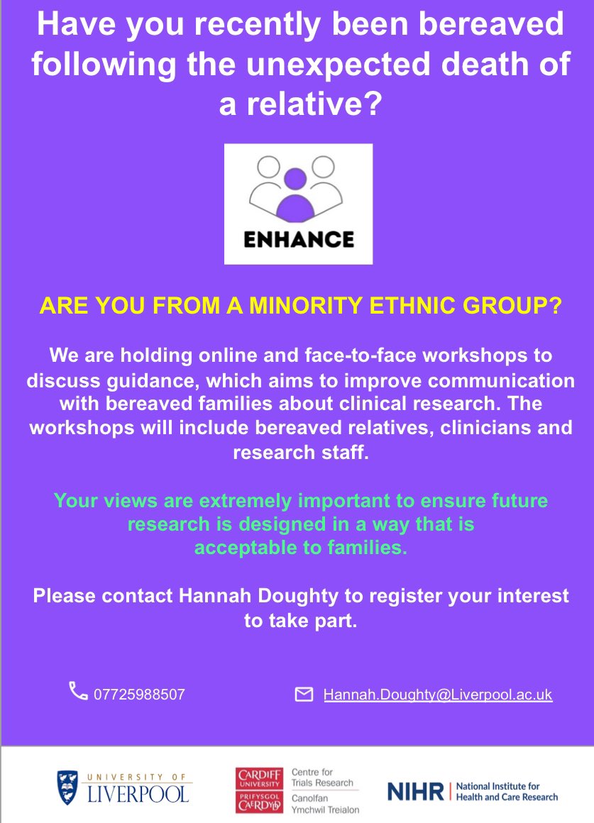 Enhance Study (@enhancstudy) on Twitter photo We need help understanding how to communicate with #bereaved family’s about #ClinicalResearch
đź“§ If you are from an #EthnicMinority group, and have been recently #Bereaved, please contact Hannah.Doughty@liverpool.ac.uk
Please RT! We need help understanding how to communicate with #bereaved family’s about #ClinicalResearch
đź“§ If you are from an #EthnicMinority group, and have been recently #Bereaved, please contact Hannah.Doughty@liverpool.ac.uk
Please RT!